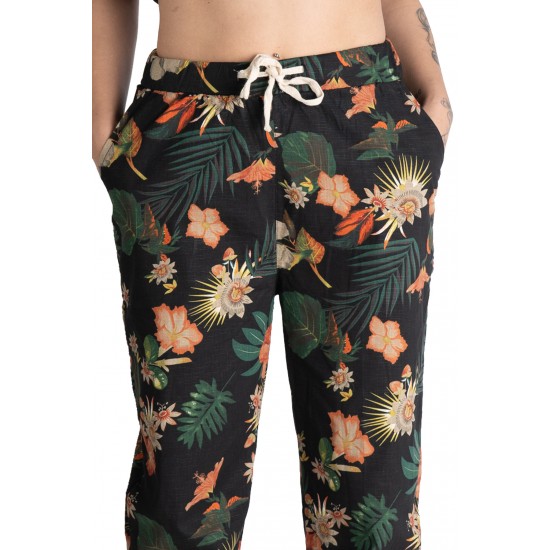Pantaloni Dama Din Panza Topita Bumbac Cu Siret In Talie,Motiv Floral,Marime Mare